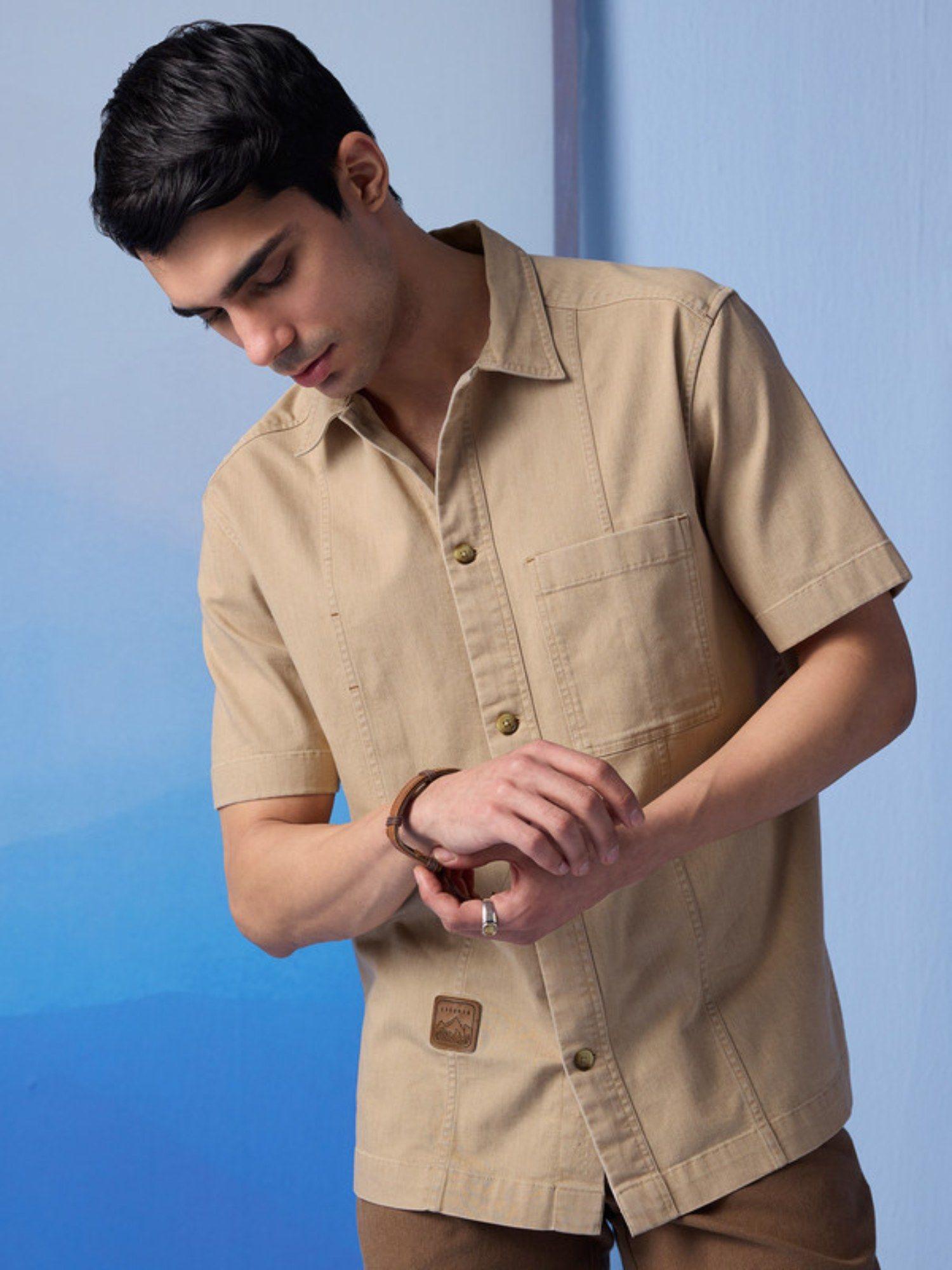 khaki men half sleeve leather patch shirt