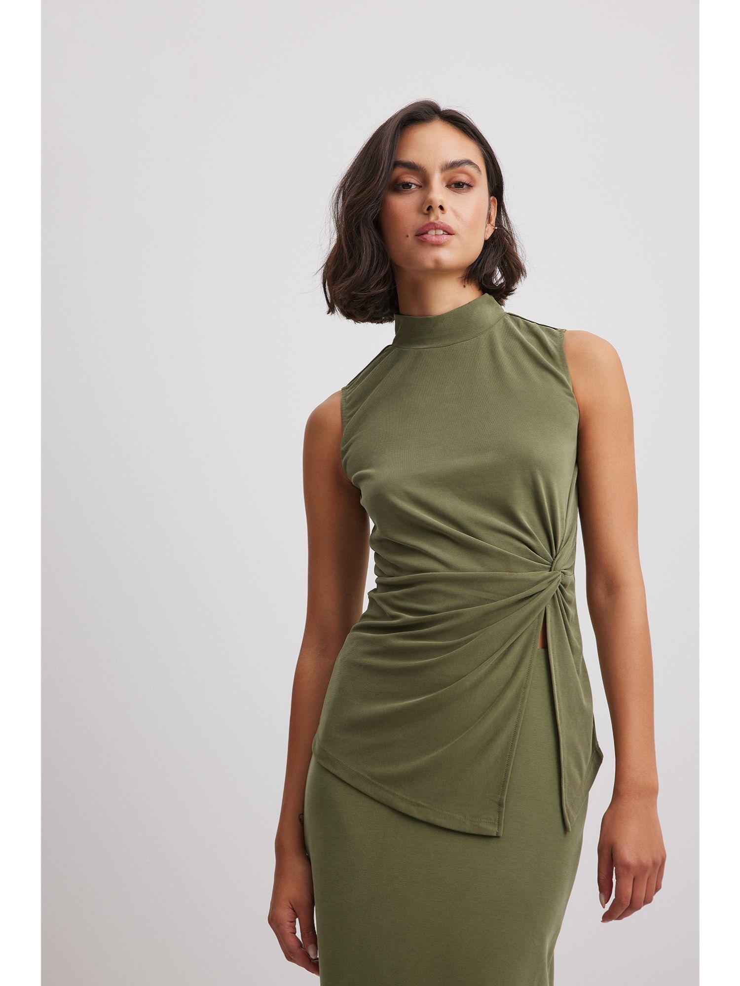 khaki modal high neck side slit top