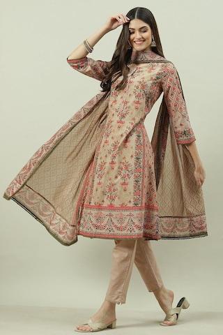 khaki print business casual round neck 3/4th sleeves ankle-length women straight fit pant kurta dupatta set