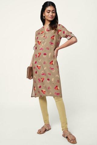 khaki print casual mandarin 3/4th sleeves knee length women regular fit kurta