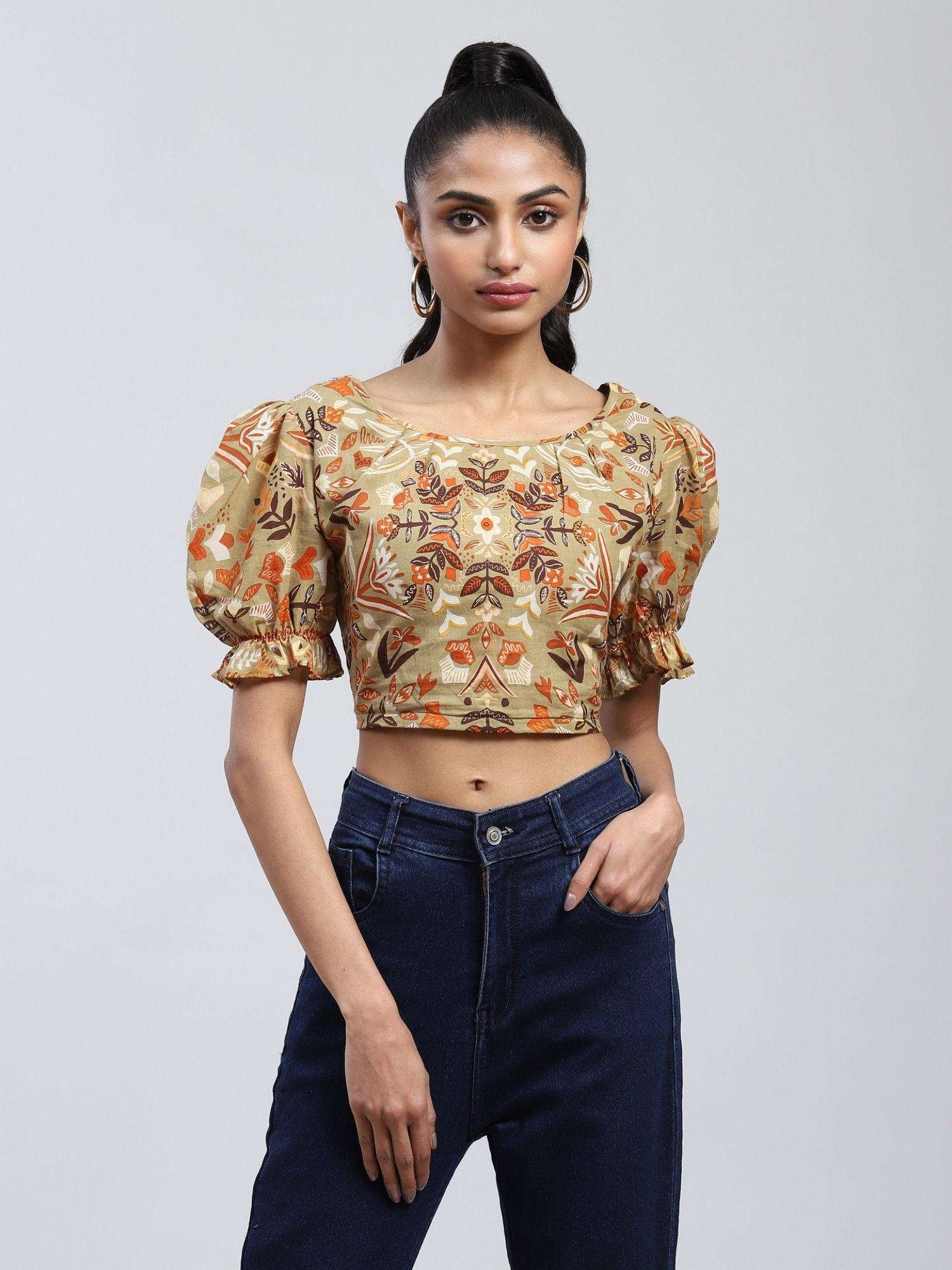 khaki printed crop top