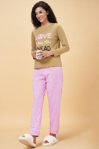 khaki printeded round neck full sleeves women comfort fit t-shirt & pyjama set