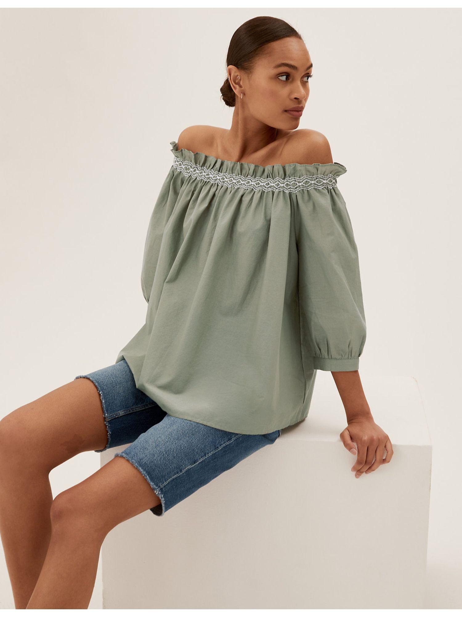 khaki pure cotton embroidered off the shoulder blouse