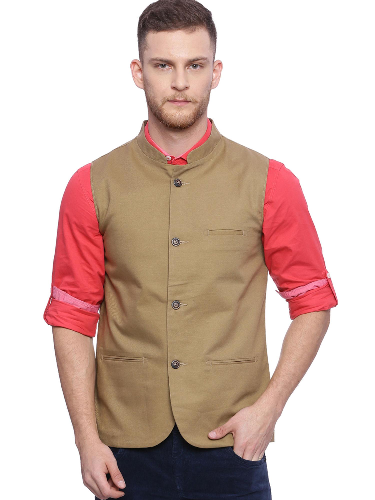 khaki self design waistcoat