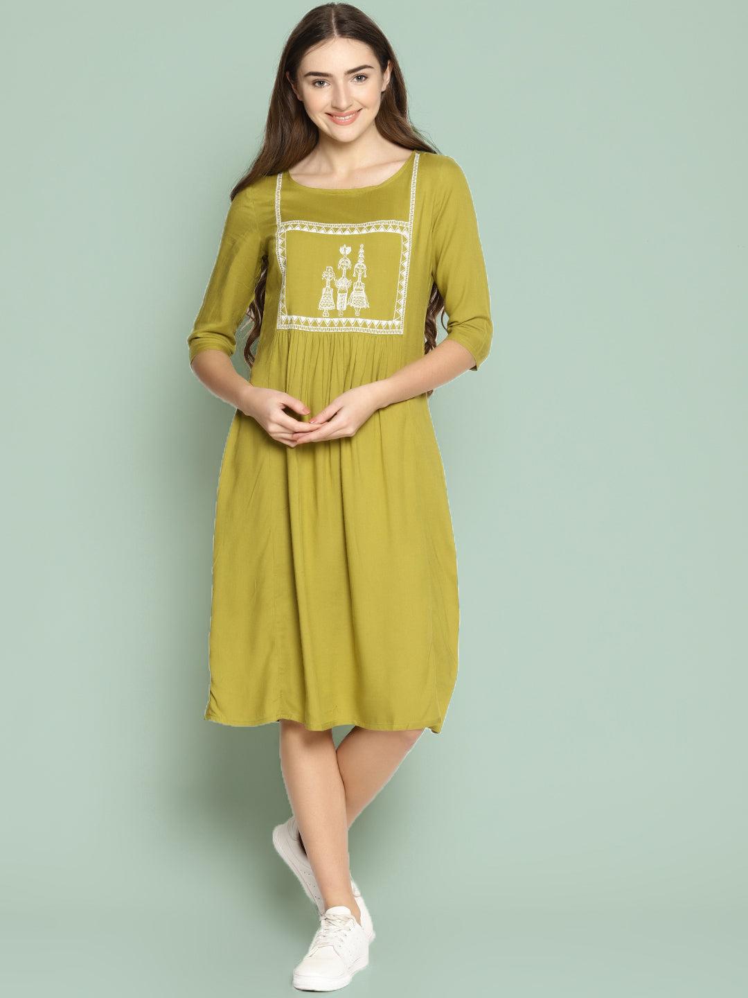 khaki shift dress with embroidery