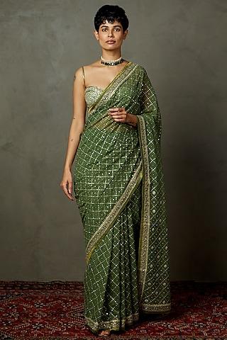 khaki shimmer georgette printed & embroidered saree set