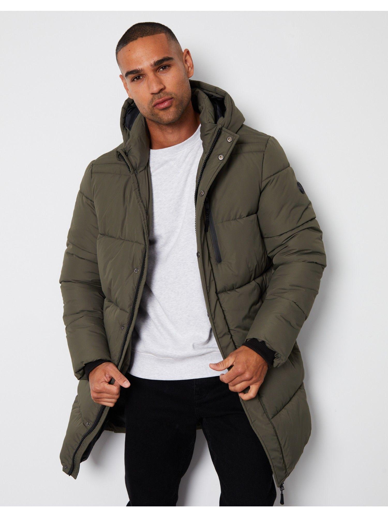 khaki showerproof hooded longline puffer jacket