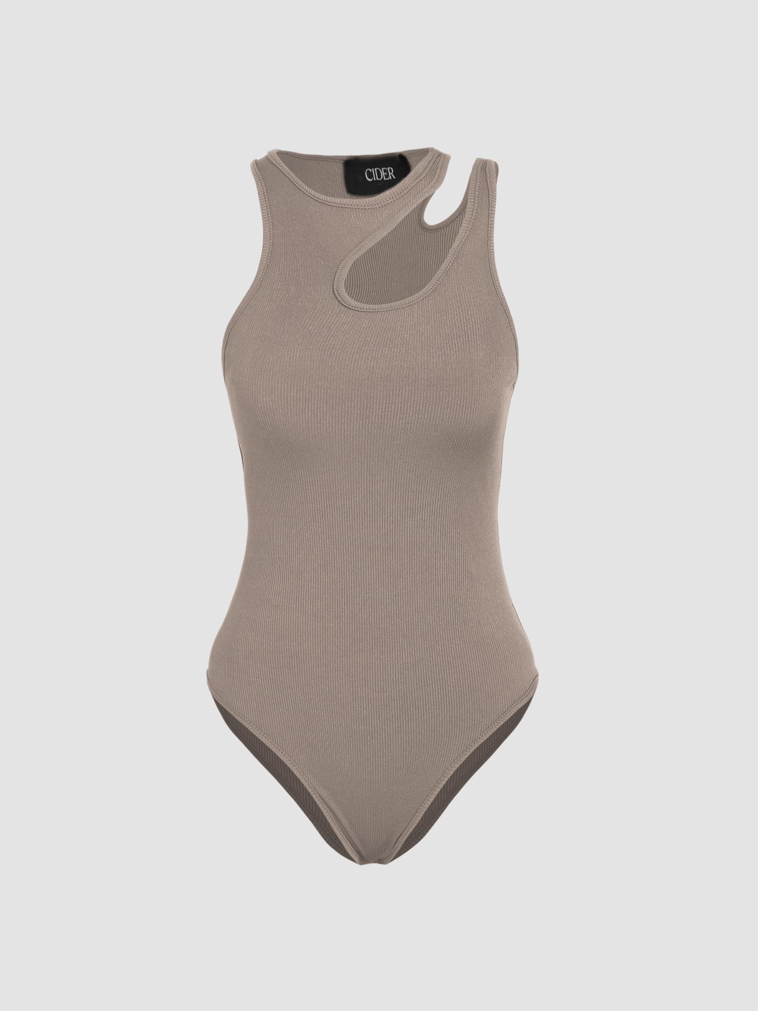 khaki sleeveless asymmetrical neck solid bodysuit