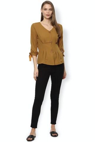 khaki solid casual 3/4th sleeves v neck women regular fit top