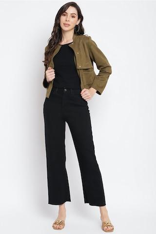 khaki solid casual full sleeves regular collar women regular fit jacket