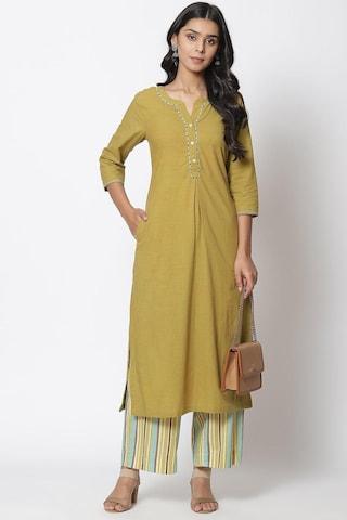 khaki solid casual round neck 3/4th sleeves ankle-length women straight fit kurta & palazzo set