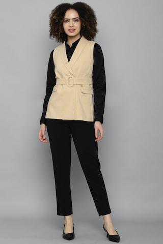 khaki solid casual sleeveless lapel collar women regular fit blazer