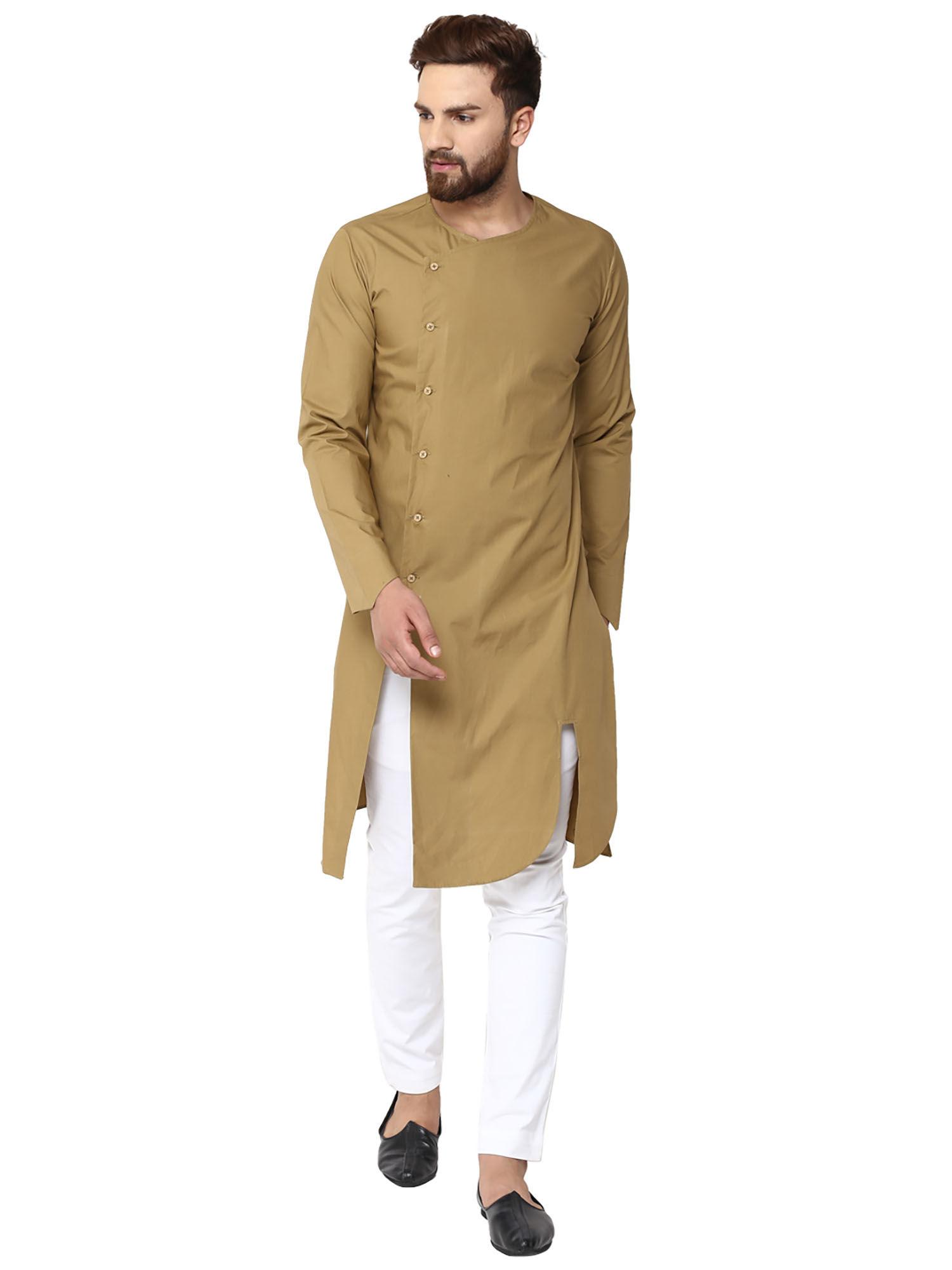 khaki solid full sleeves kurta & pyjama (set of 2)