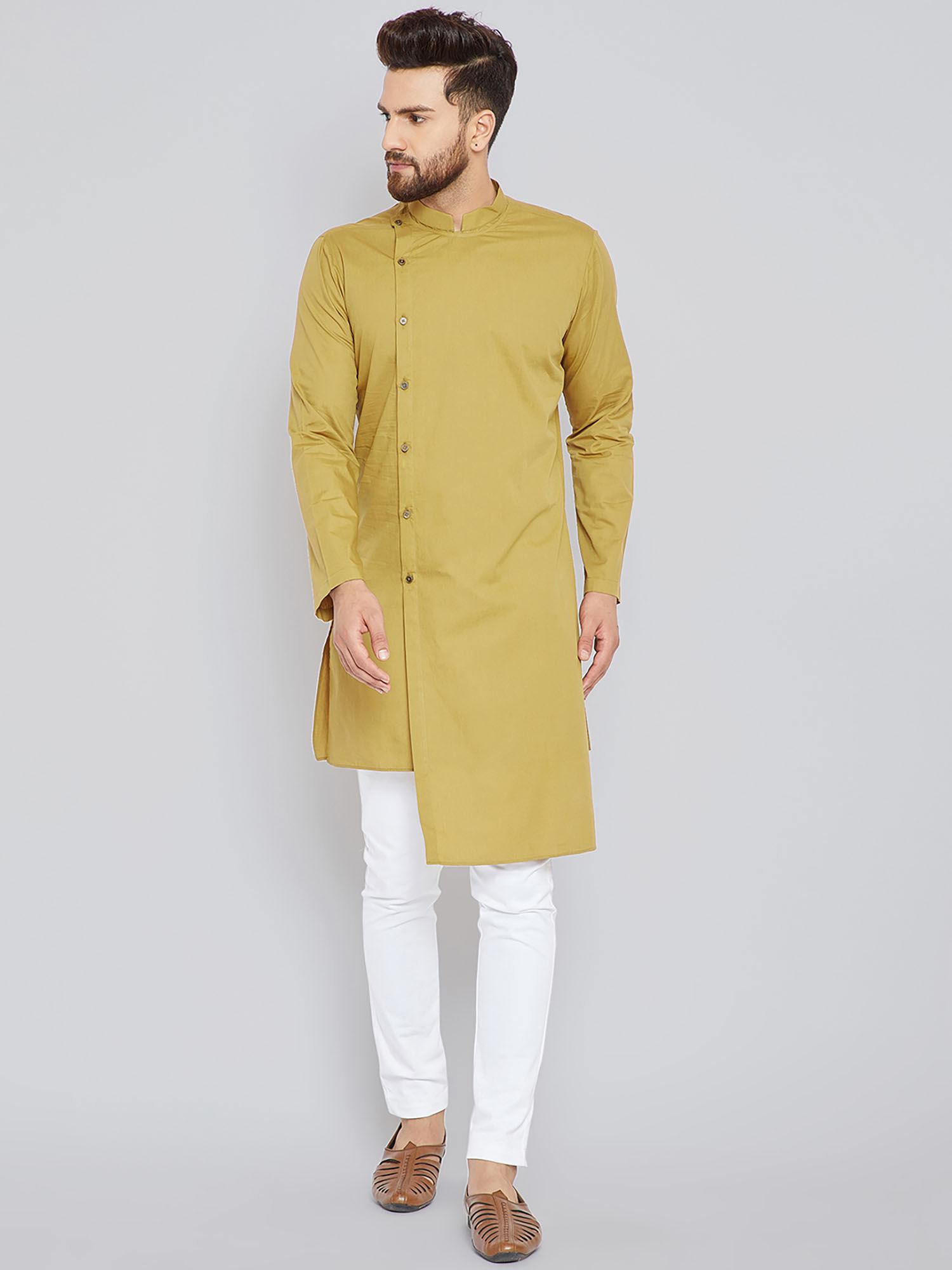 khaki solid full sleeves kurta & pyjama (set of 2)