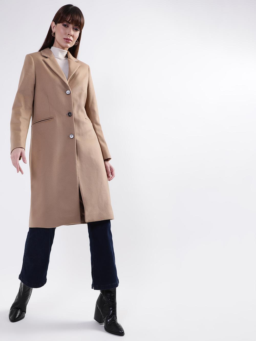 khaki solid notched lapel overcoat