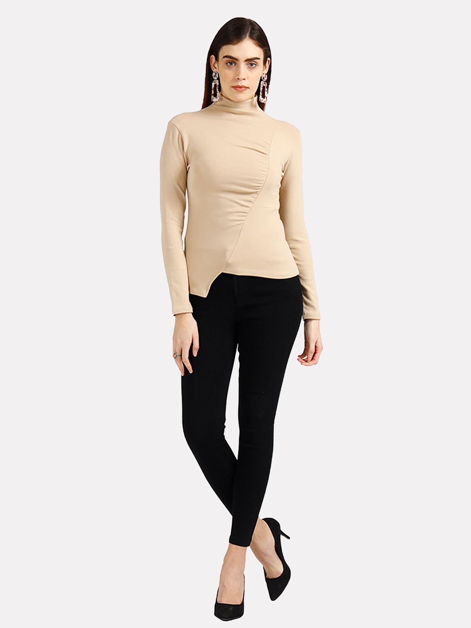 khaki solid plain asymmetrical ruched long sleeve top