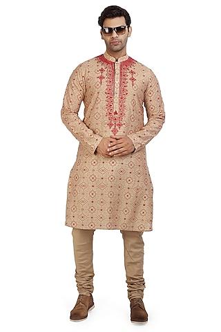 khaki tan mirror embroidered kurta set