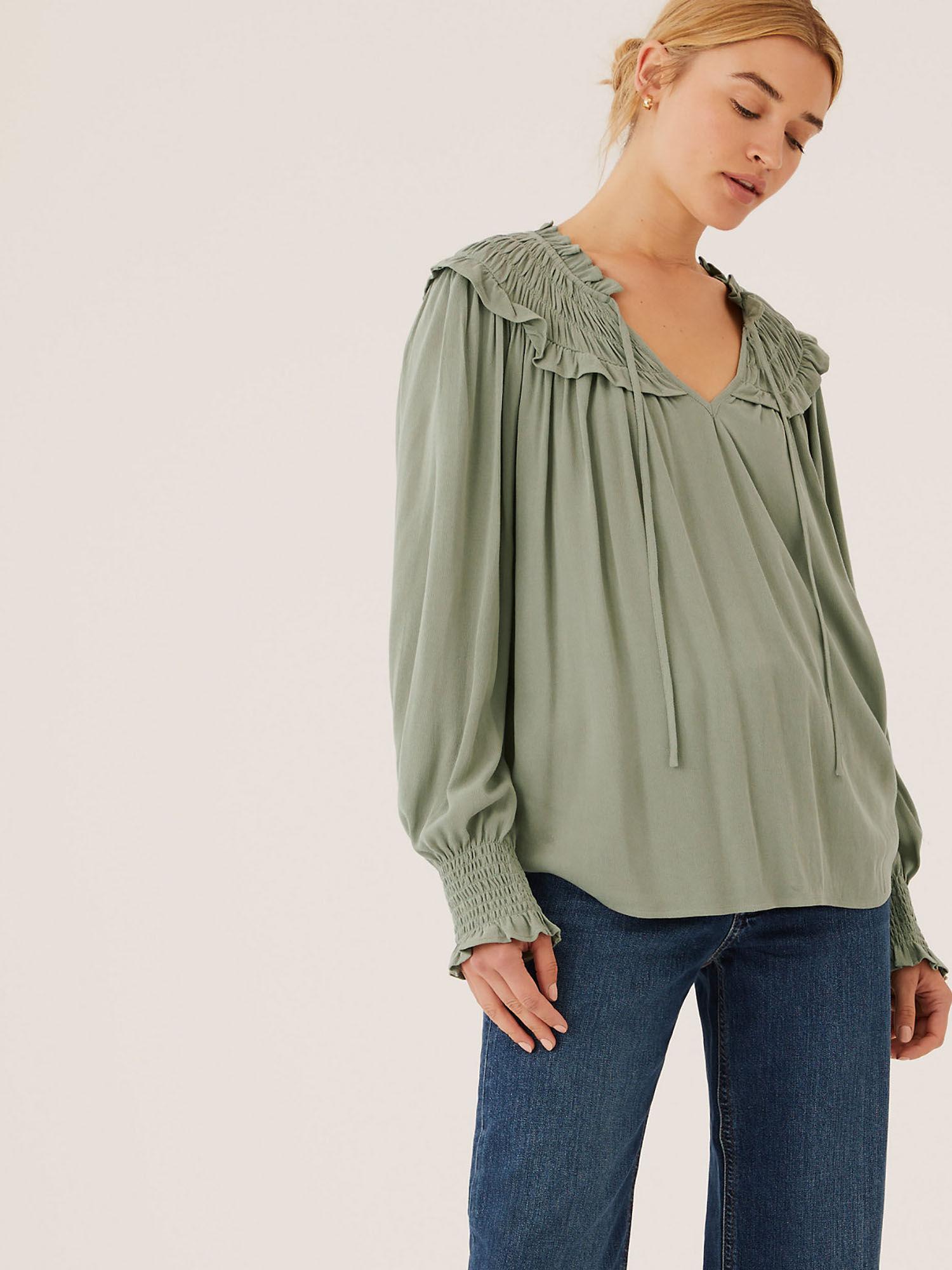 khaki tie neck smocked long sleeve blouse