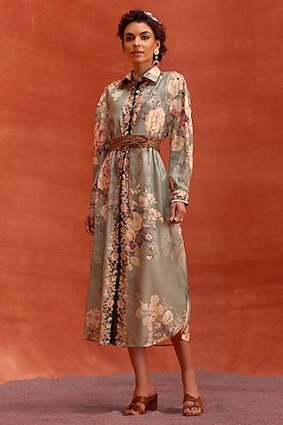 khaki viscose modal floral printed tiffiny shirt dress