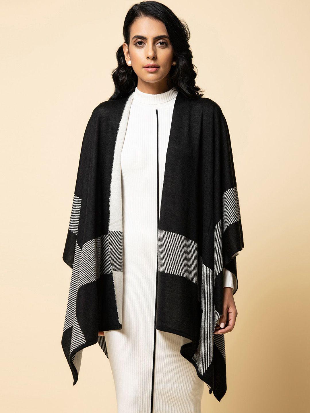 khaleej women black grey colourblocked asymmetric closure longline poncho jacket