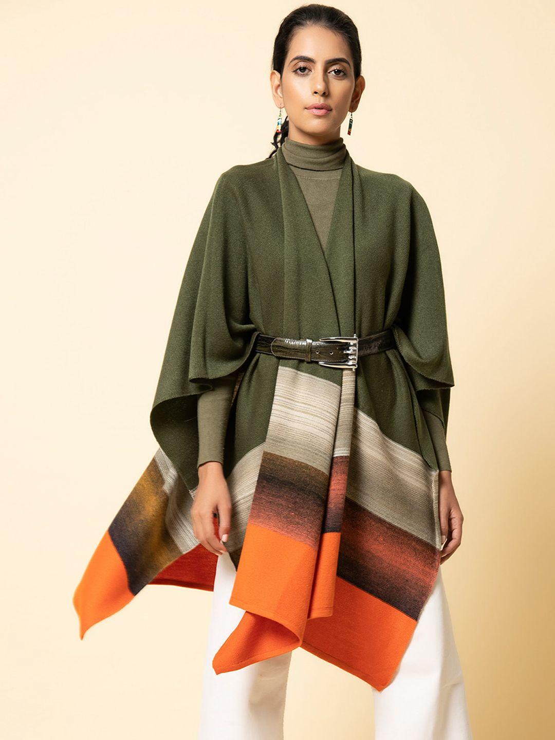 khaleej women olive green orange colourblocked asymmetric closure longline tailored jacket