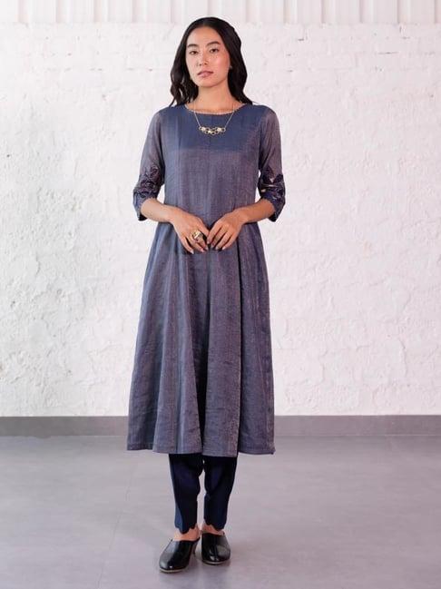 khamaj india blue chanderi tissue a line kurta with applique work on sleeves and silk salwar