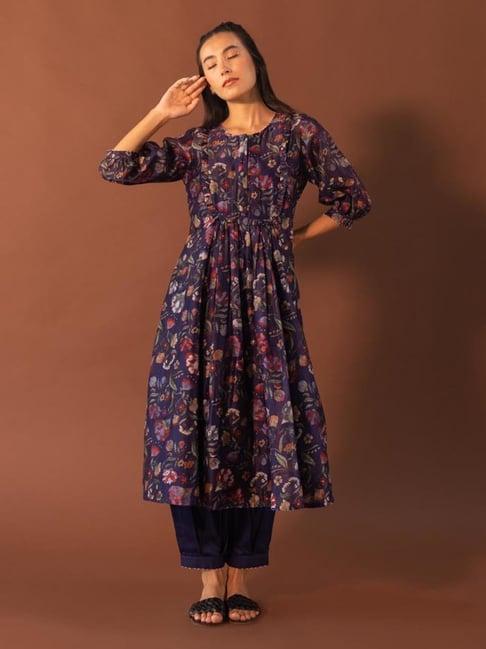 khamaj india blue kurta with frill deatiling yoke and pleated pants