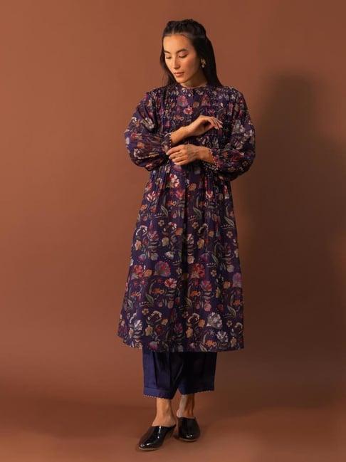 khamaj india blue kurta with pearl detailed smocking and pleated pants