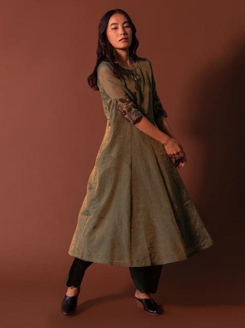 khamaj india green chanderi tissue a line kurta with applique work on sleeves and silk salwar