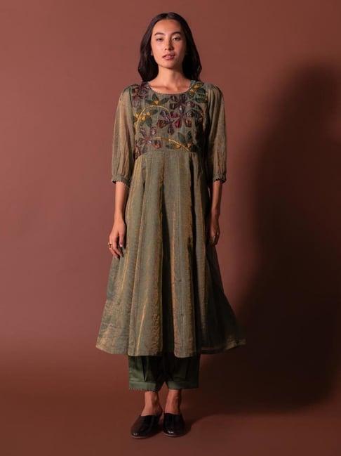 khamaj india green chanderi tissue kurta with applique work on yoke and pleated glaze cotton pants