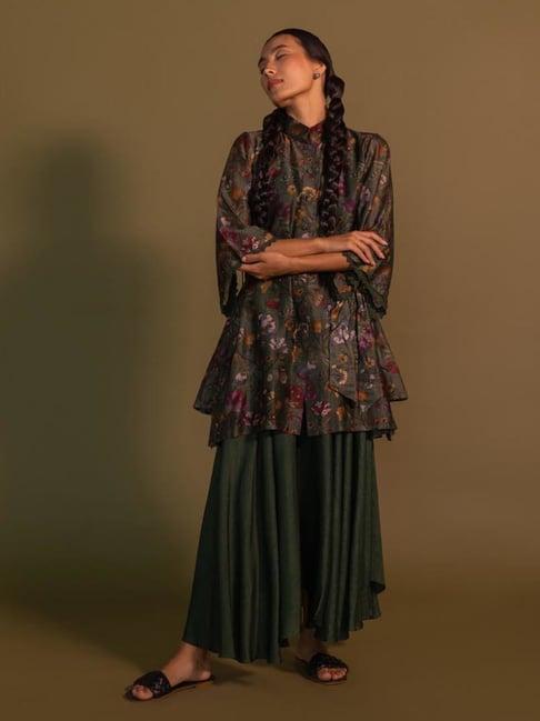 khamaj india green high neck collar floral print shirt with belt and side pocket and flarry pants