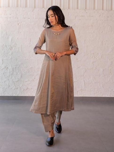 khamaj india grey chanderi tissue a line kurta with applique work on sleeves and silk salwar