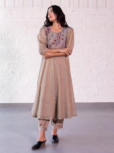 khamaj india grey chanderi tissue kurta with applique work on yoke and pleated glaze cotton pants