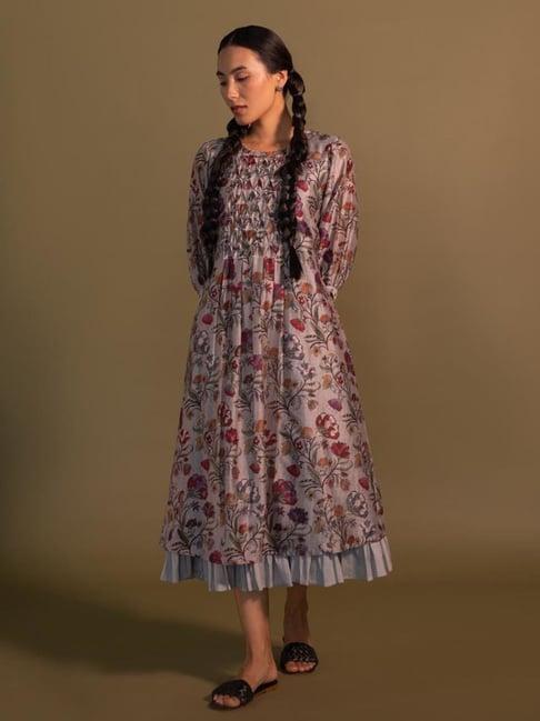 khamaj india grey floral print dress with smocking in the center and frill inner