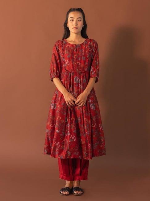 khamaj india red kurta with frill deatiling yoke and pleated pants