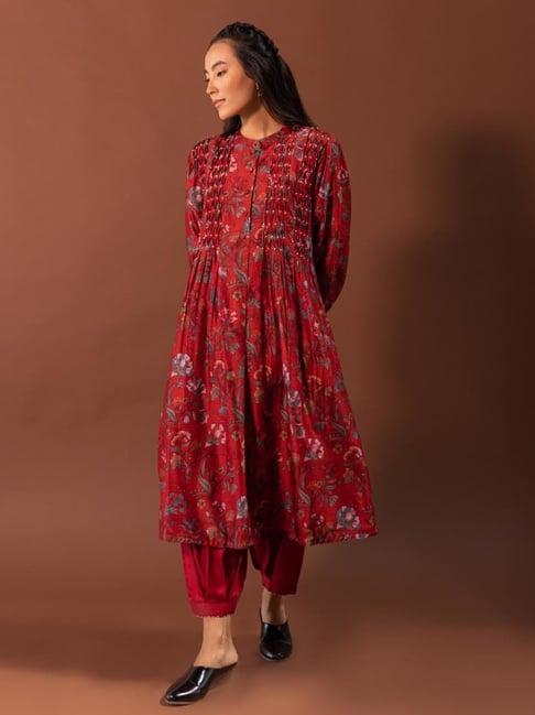 khamaj india red kurta with pearl detailed smocking and pleated pants