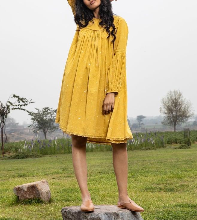 kharakapas yellow round neck collar full sleeves cotton dress