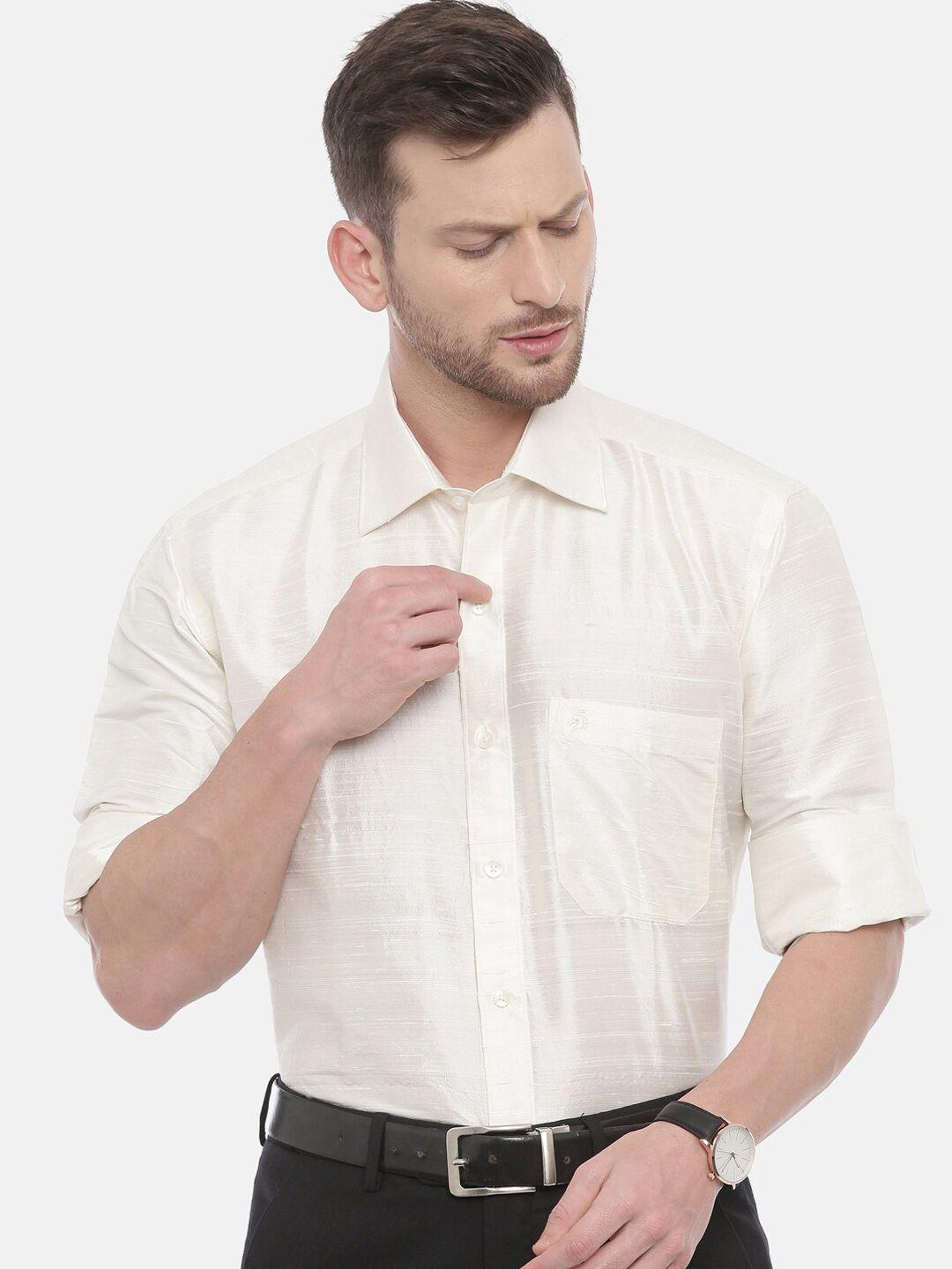 khoday williams men cream-coloured regular fit solid casual shirt