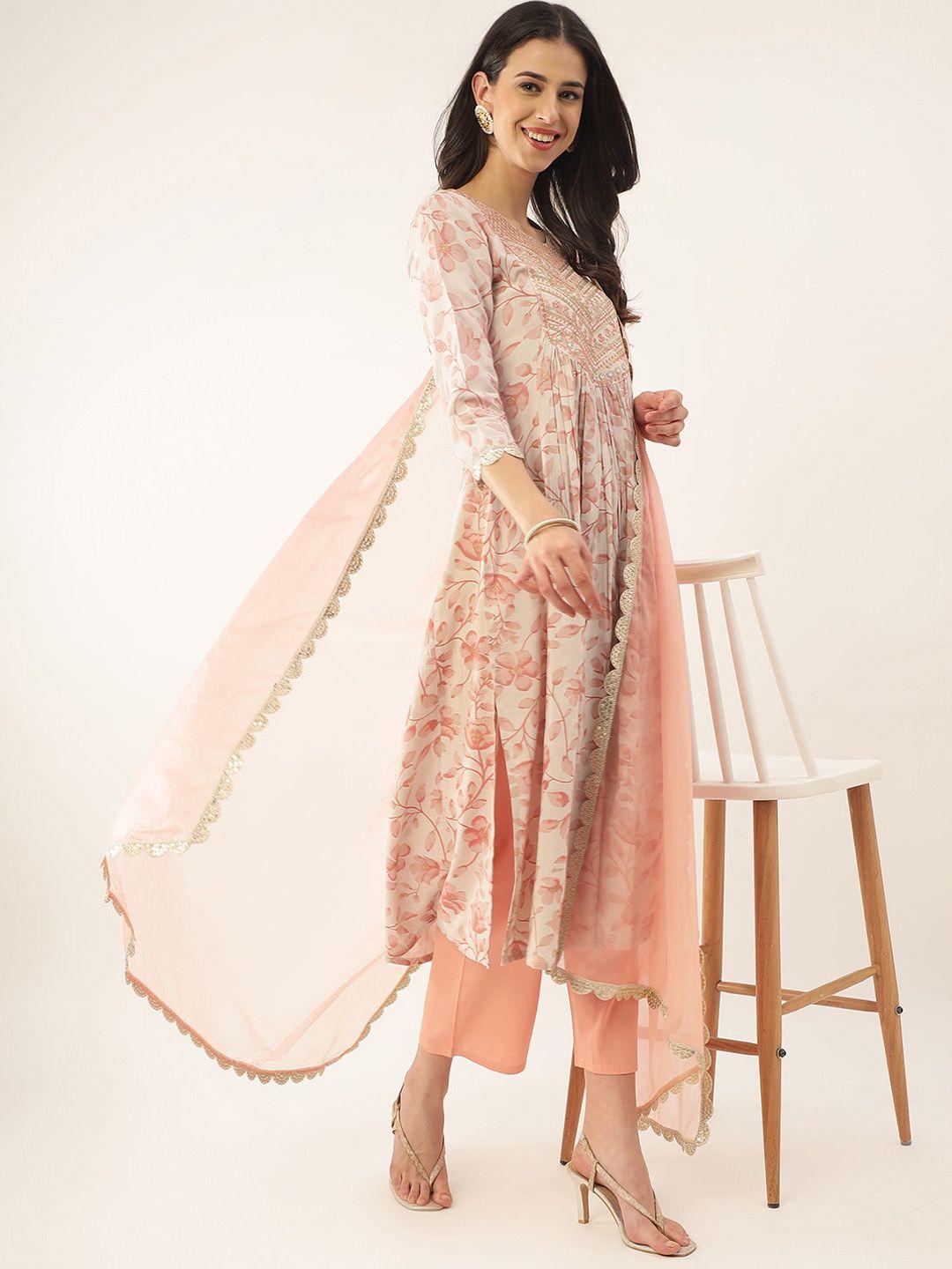 khushal k floral printed thread work sequined kurta with palazzos & dupatta