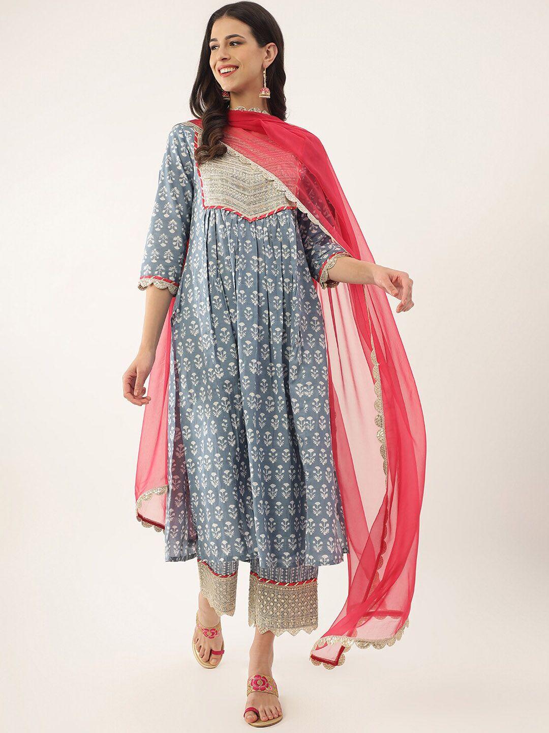 khushal k floral printed zari sequined a-line pure cotton kurta with palazzos & dupatta