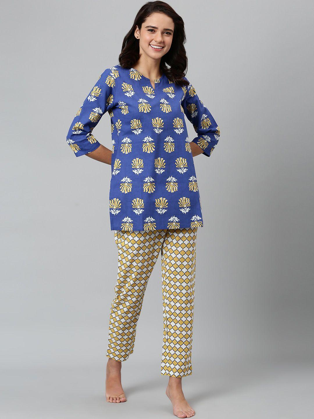 khushal k women blue & yellow printed pure cotton night suit