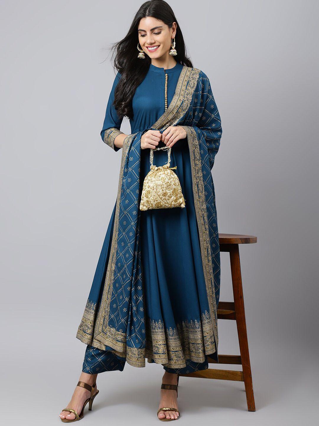 khushal k women blue ethnic motifs empire kurta with trousers & with dupatta