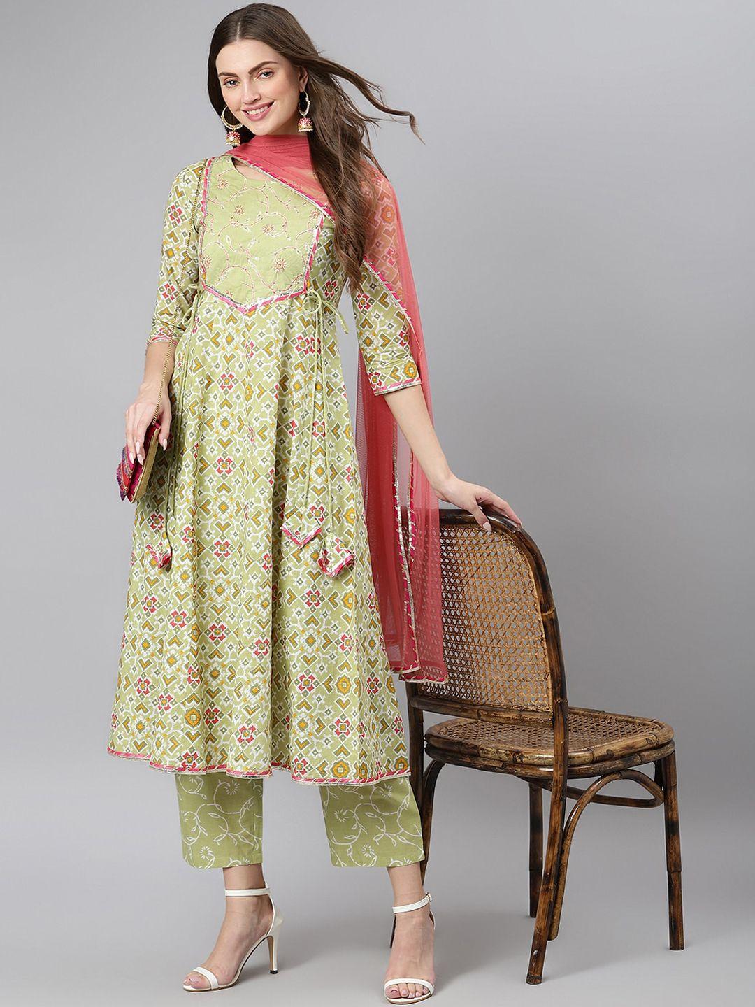 khushal k women green & pink printed pure cotton kurta with palazzos & dupatta