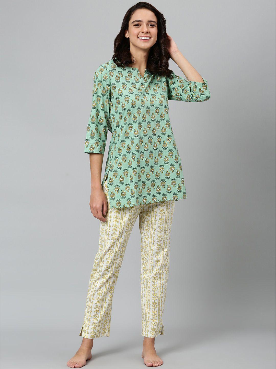 khushal k women green & white printed night suit