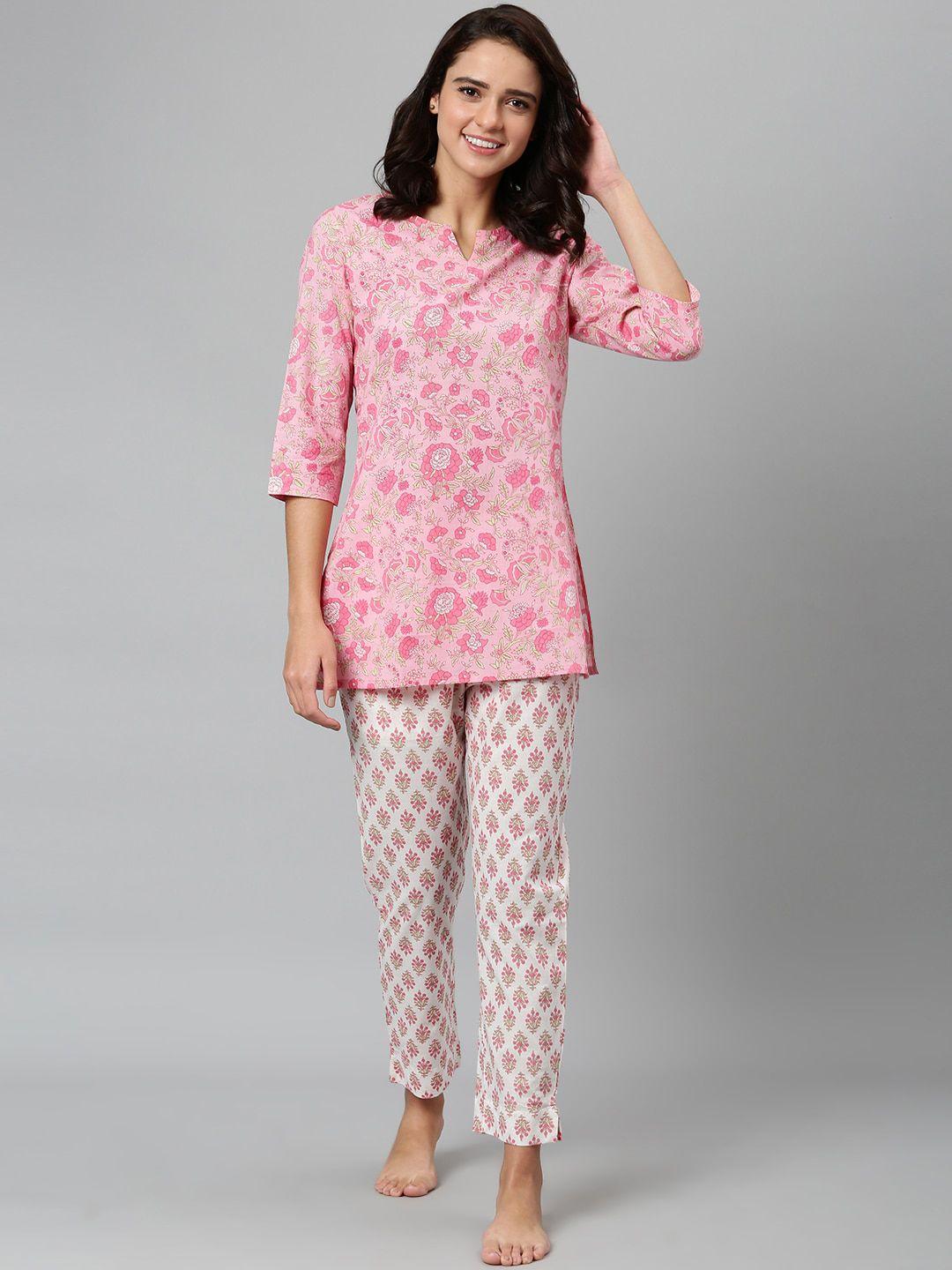 khushal k women pink & white printed pure cotton night suit