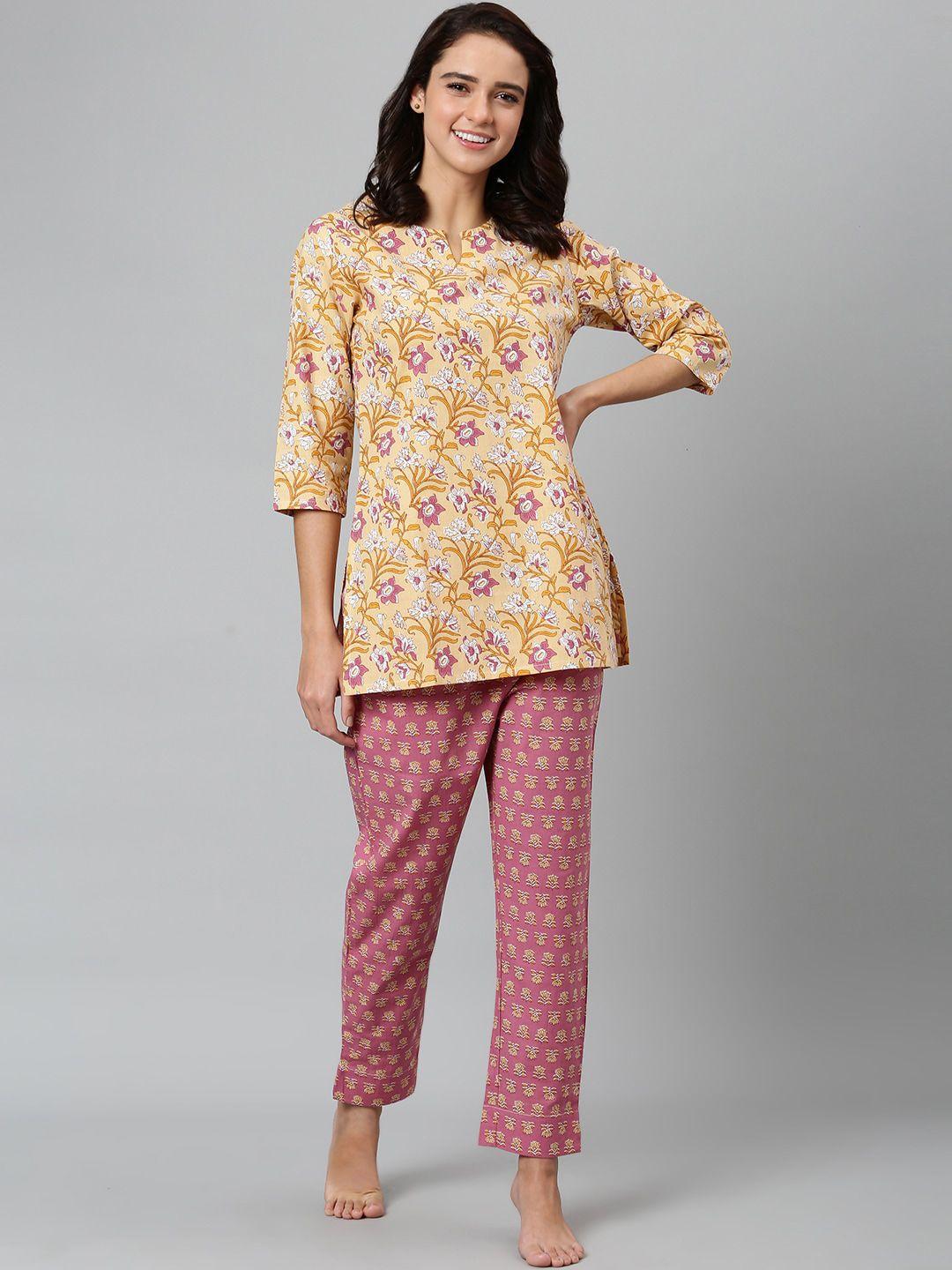 khushal k women yellow & pink printed night suit
