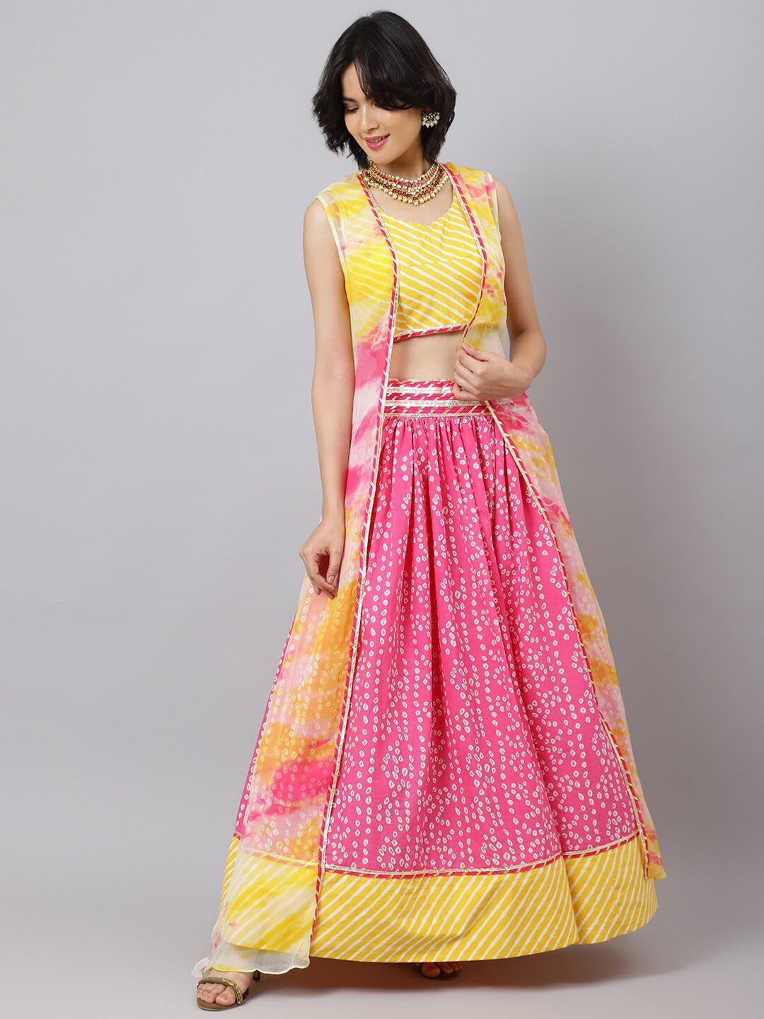 khushal k bandhani printed cotton ready to wear lehenga & choli with jacket set