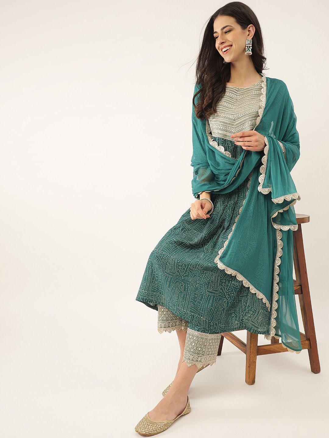 khushal k ethnic motifs printed sequinned a-line kurta with palazzos & dupatta