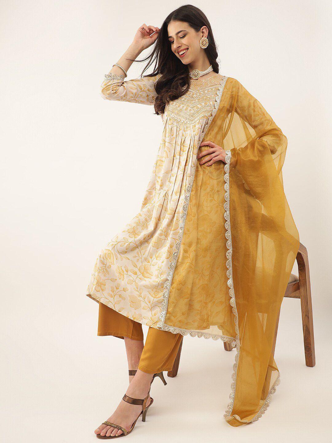 khushal k ethnic motifs printed thread & mirror work kurta with trousers & dupatta