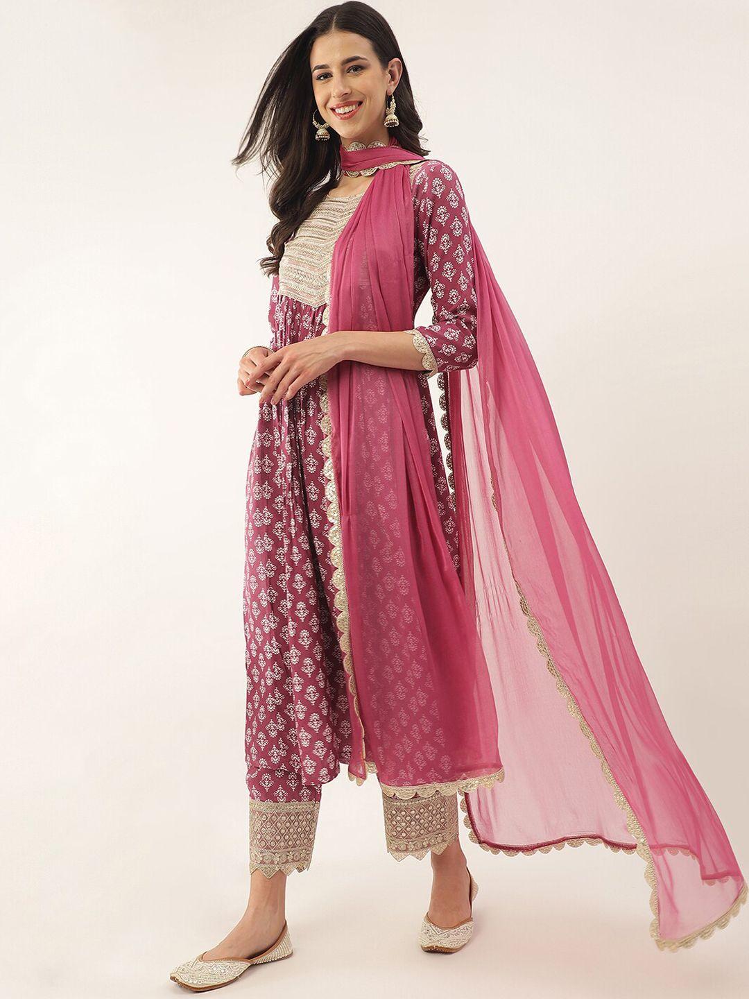 khushal k ethnic motifs printed zari sequined a-line kurta with palazzos & dupatta